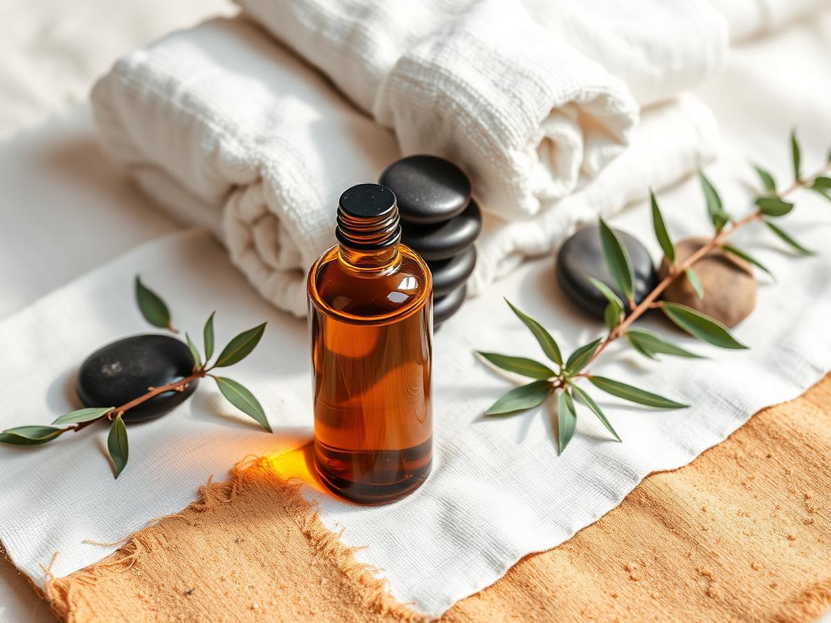Massage oil, warm towels and eucalyptus laid out before a home treatment